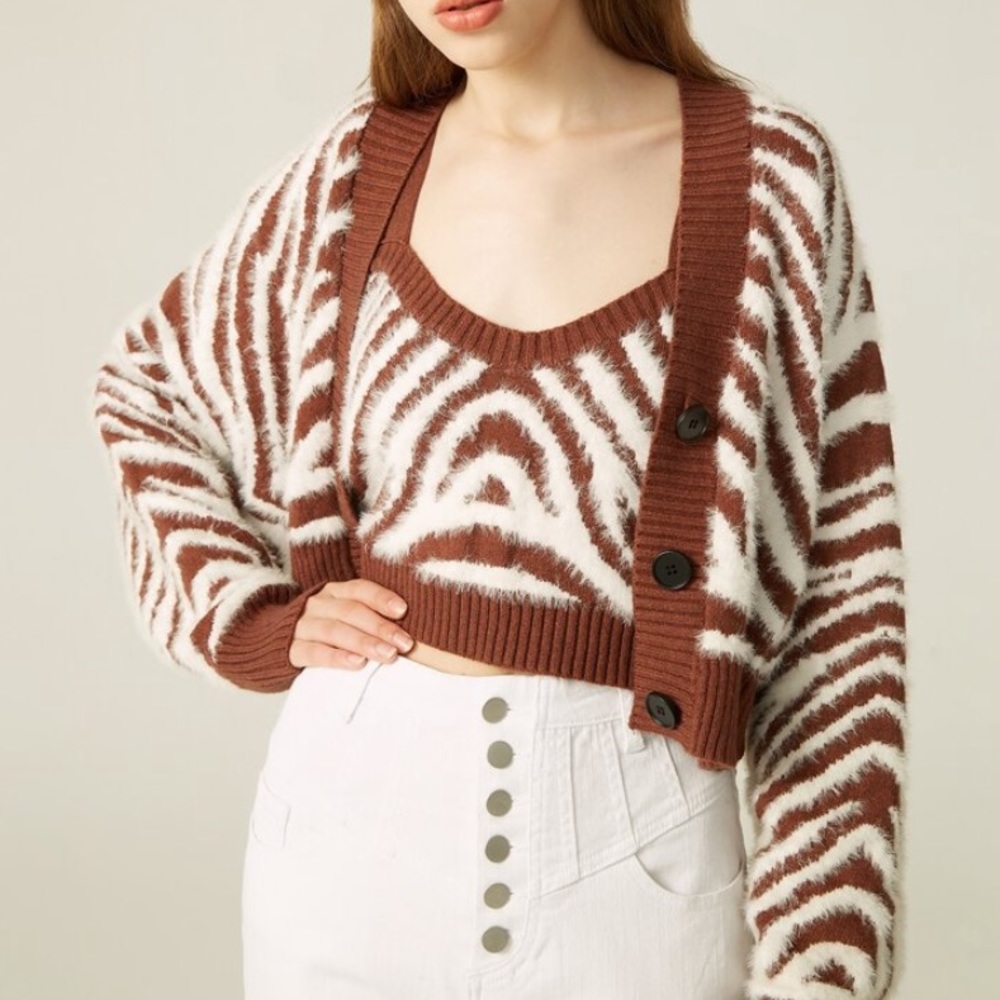 Drop Shoulder Fuzzy Zebra Cardigan